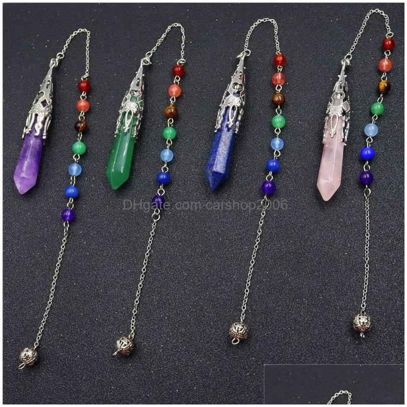 natural stone pendulum charms hexagonal prism shaped pendant 7 chakra chain for divination crystal jewelry charm amulet healing