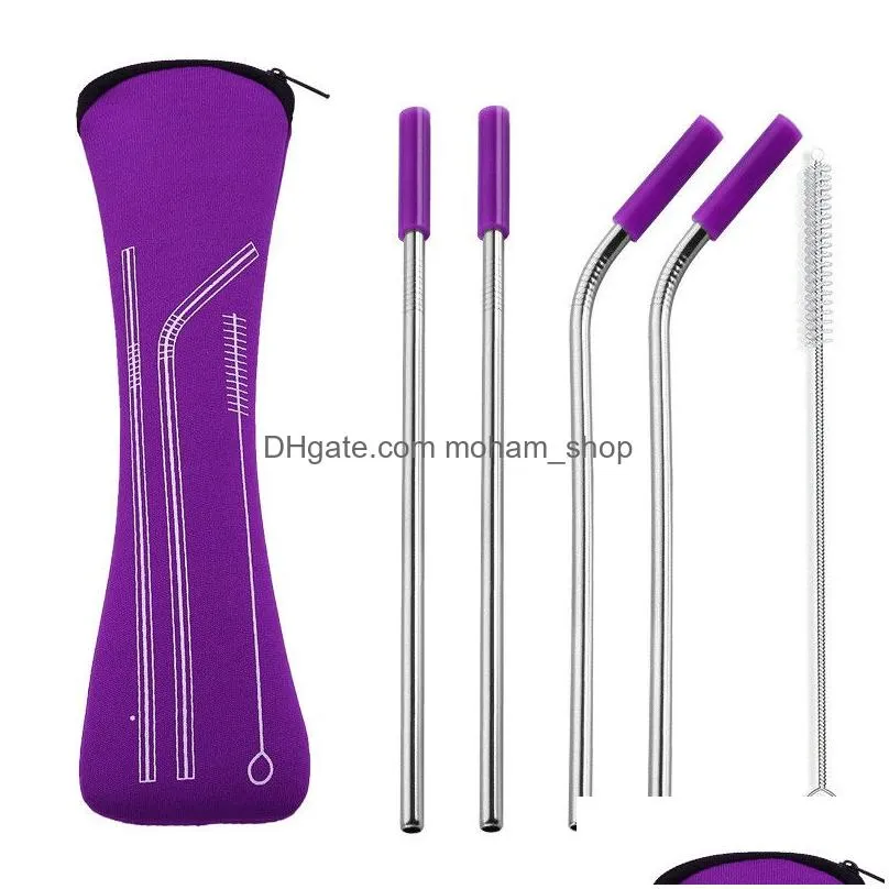 reusable stainless steel straw set straight bent straw cleaning brush 6pcs / set juice straw with travel neoprene storage bag