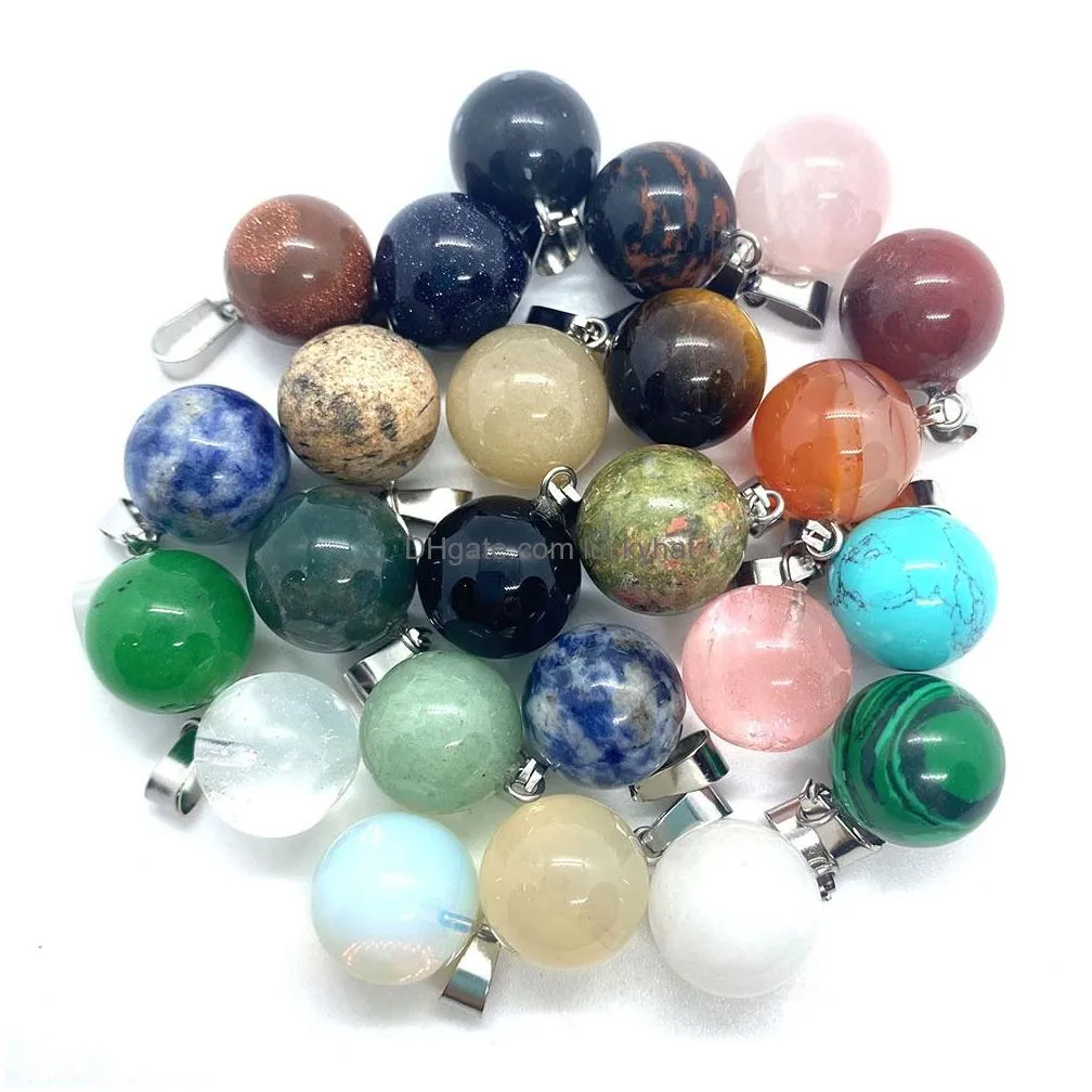 14mm natural crystal stones charms round tiger eye black onyx rose quartz stone ball charm beads pendants for jewelry making