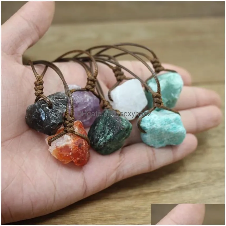 healing reiki raw stone mineral pendants necklace natural crystal fluorite rose quartzs agates brown adjustable rope jewelry