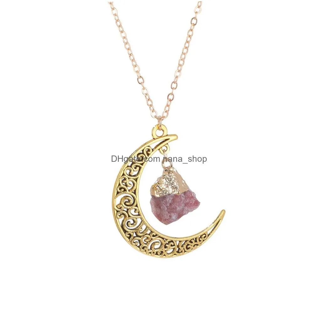 irregular ore raw stone gold crescent moon pendant tiger eye stone agate healing crystal quartz necklaces jewelry making