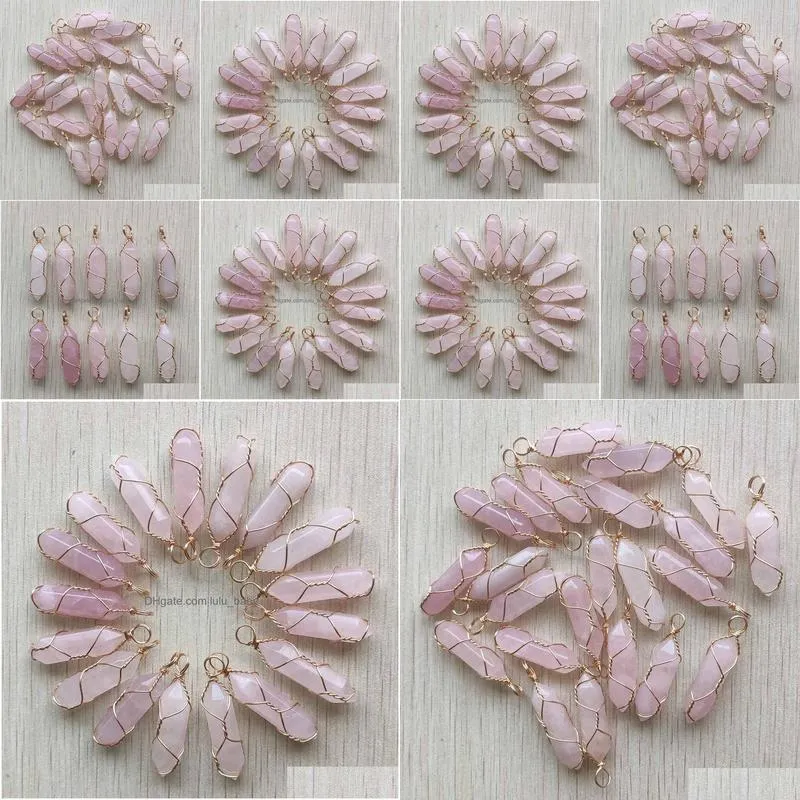 healing natural pink rose quartz stone crystal handmade charms gold iron wire pillar shape pendants for jewelry making
