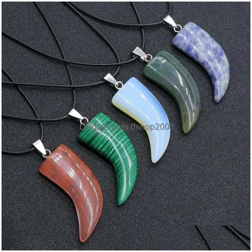 natural stone gem carved ox horn shape pendant rose quartz crystal jade onyx necklace healing guardian jewelry for men rope chain