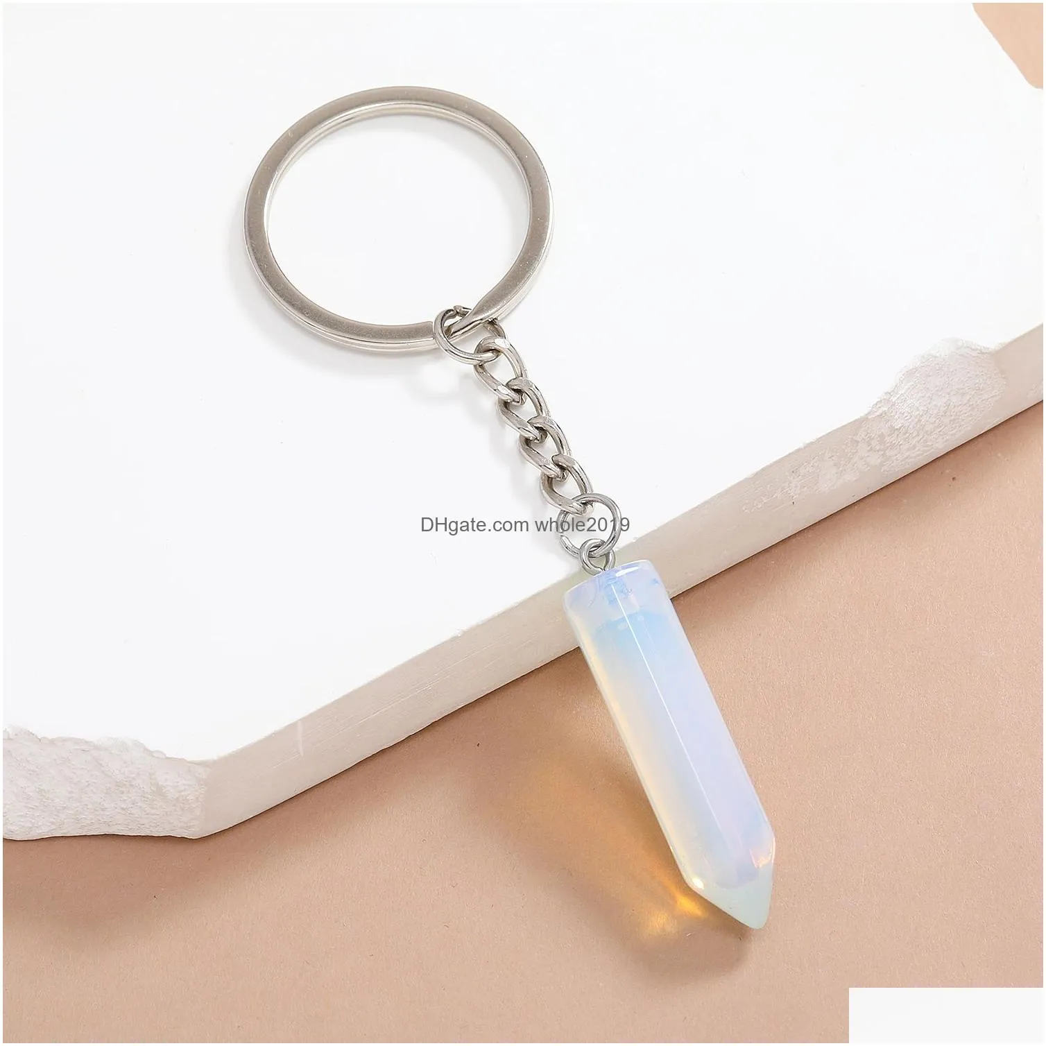 hexagonal column key ring natural stone opal crystal gem keychain for women men personality accessories