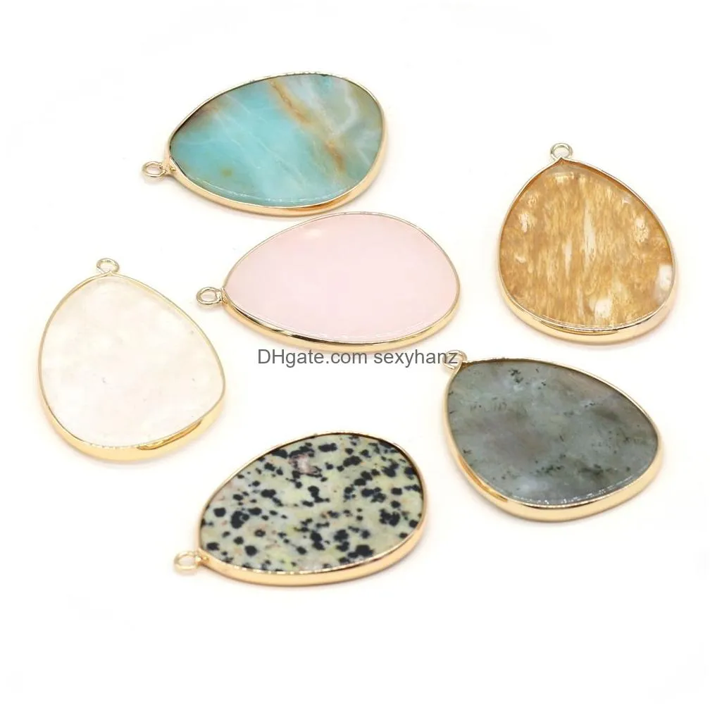 flat water drop healing labradorite semi-precious amazonite stone charms rose quartz crystal pendant diy necklace women fashion jewelry finding