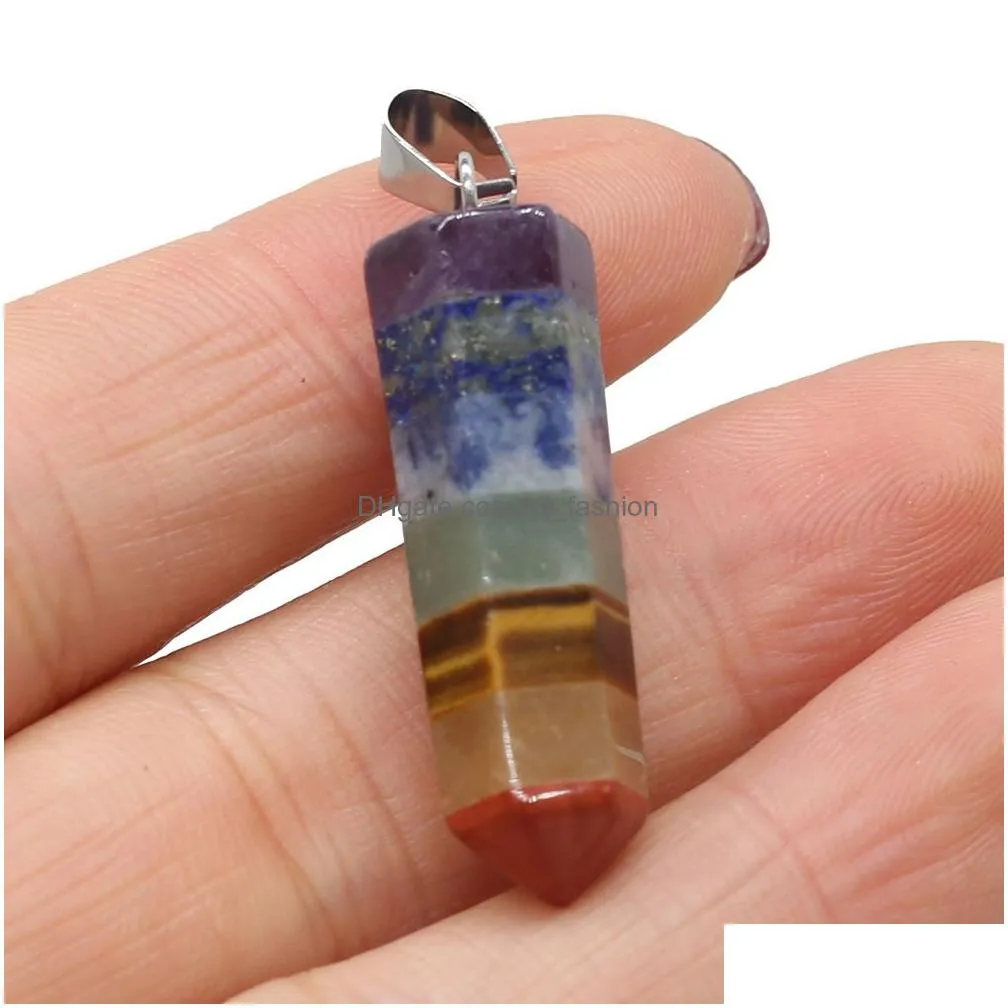 seven chakra faceted hexagonal prism stone charms rainbow quartz healing reiki crystal pendant finding diy necklaces women jewelry