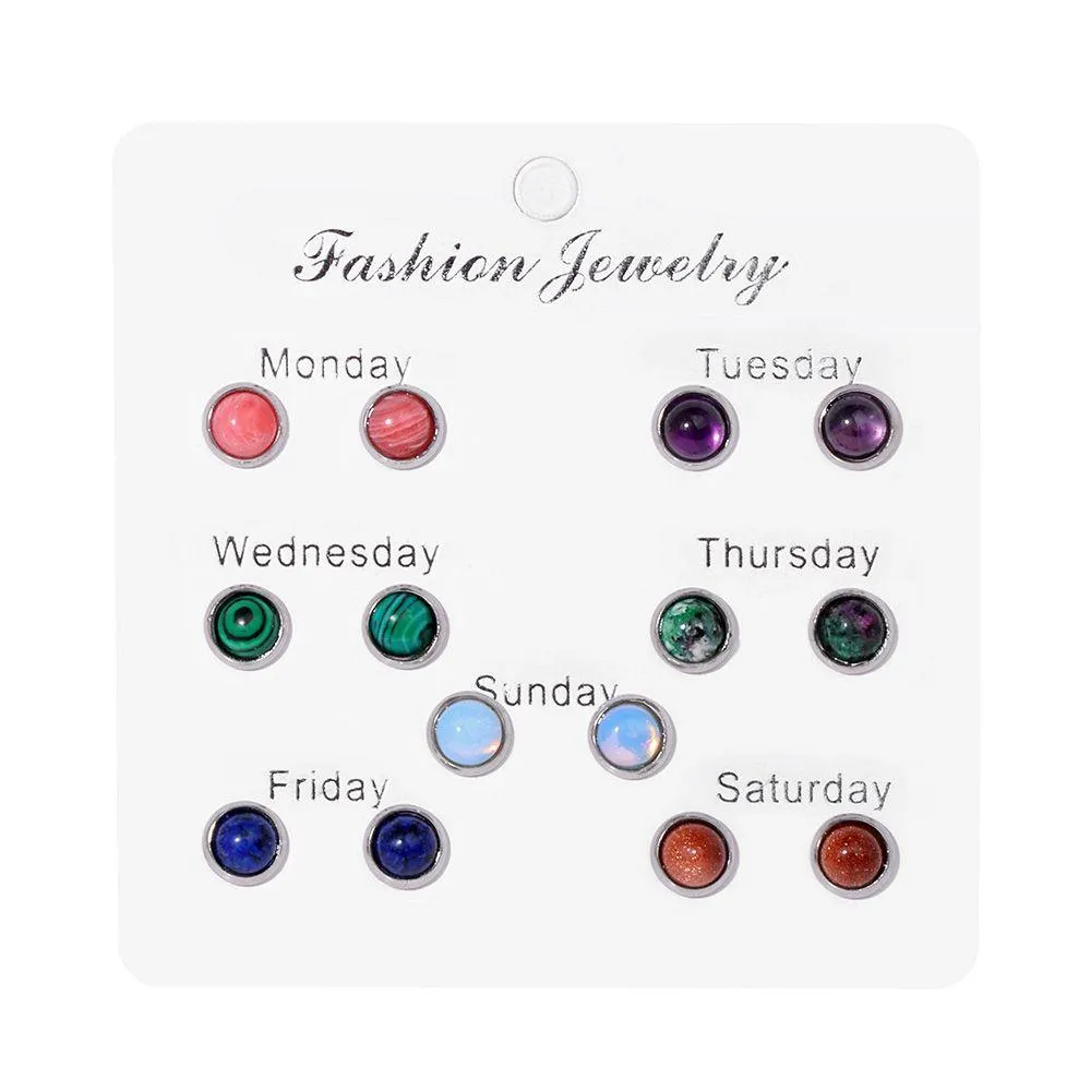 7pair week set simple round beads stud earrings colorful natural stone ear studs simple female earring for women girls jewelry