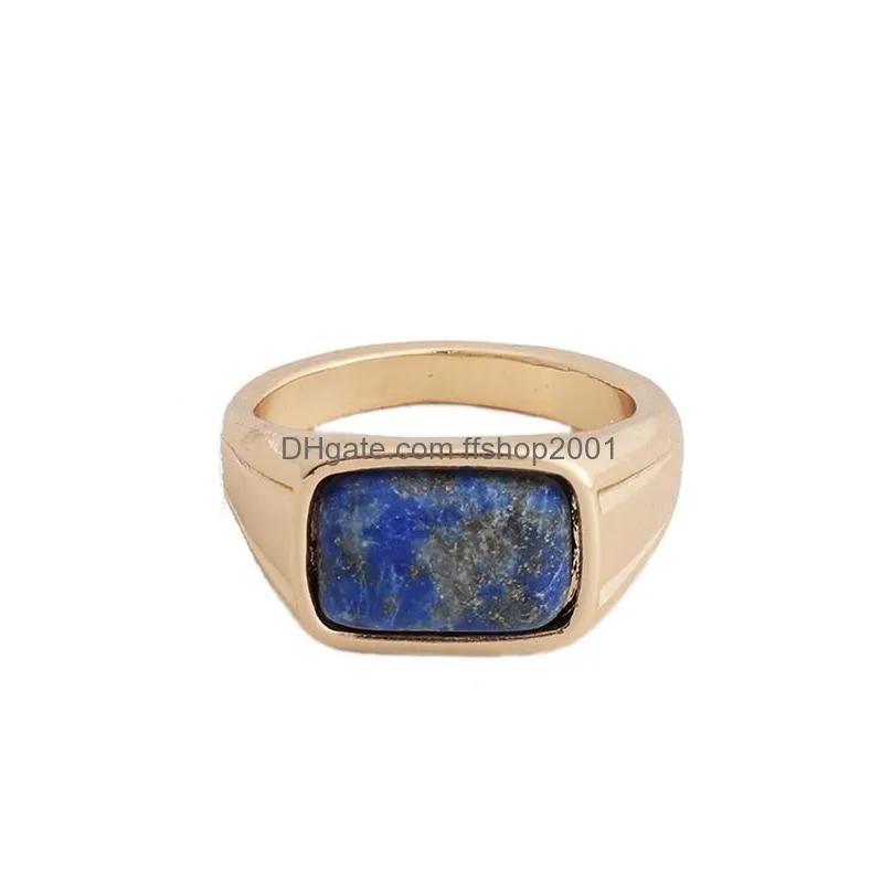 natural rectangle stone rings lapis lazuli amethyst malachite stone fashion inner dia 17mm gold color band jewelry for women