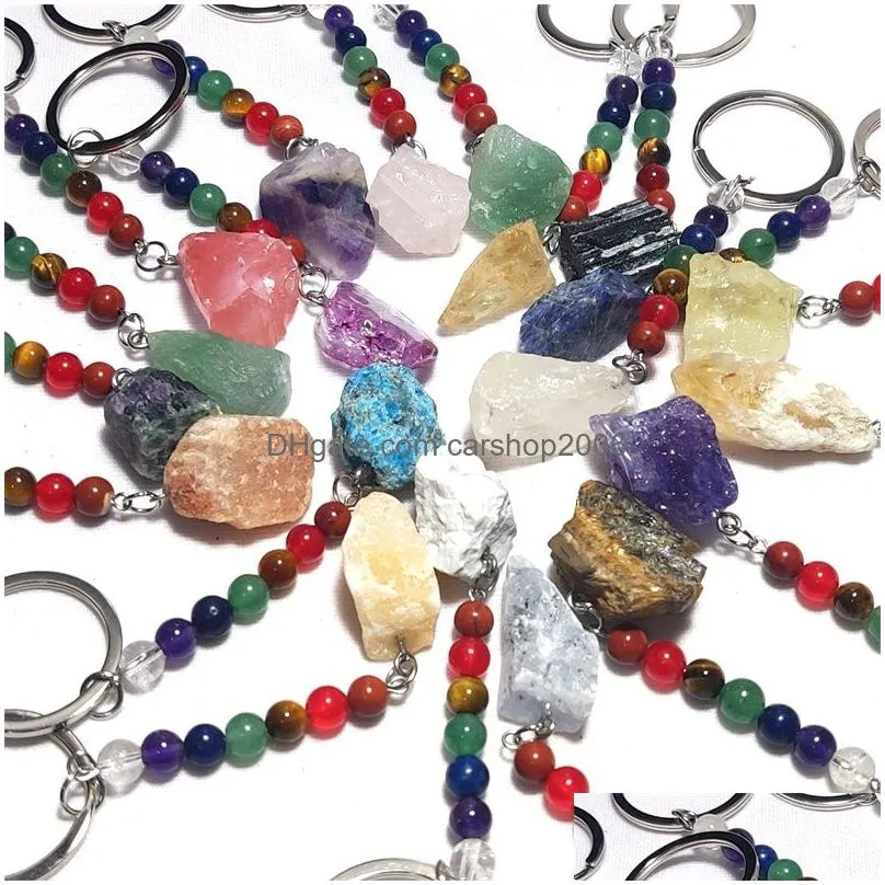 irregular raw ore stone key rings 7 colors chakra beads chains gem charms keychains healing crystal keyrings for women men 