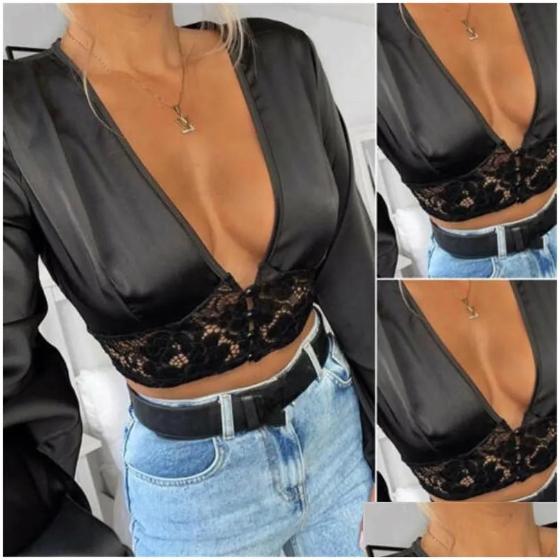 womens blouses shirts 2021 women summer lace hollow out satin silkwork button deep v neck crop top long sleeve sexy blouse