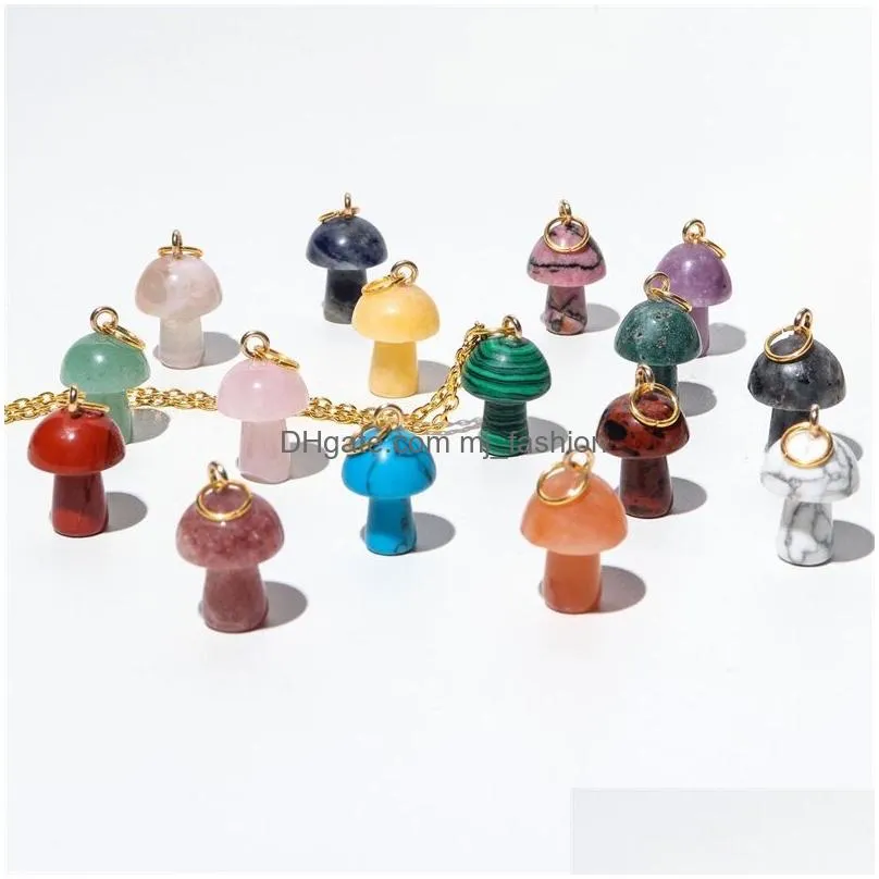 100pcs 2cm mushroom statue natural crystal stone carving charms reiki healing gold pendant for women jewelry making wholesale