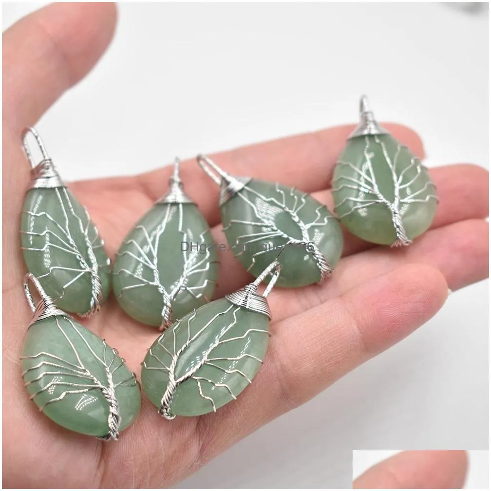 natural stone healing crystal tree of life charms pendants rose quartz wire wrapped trendy jewelry making wholesale