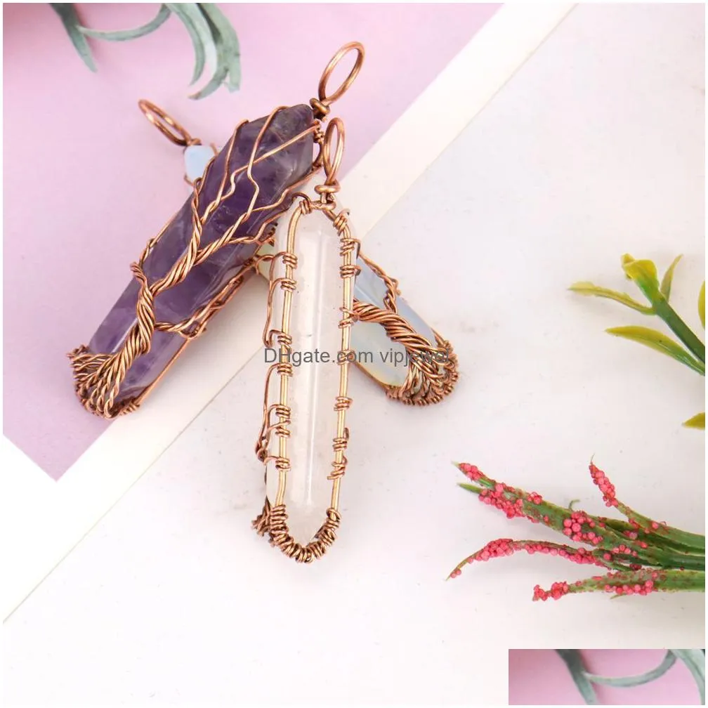 healing crystal natural stone hexagon pillar charms necklaces twine copper tree of life wire wrap pendant amethyst tiger eye rose quartz wholesale jewelry