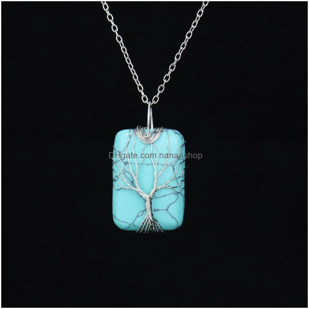 healing crystal natural stone rectangle charms necklaces twine tree of life wire wrap pendant turquoise amethyst tiger eye rose quartz wholesale jewelry