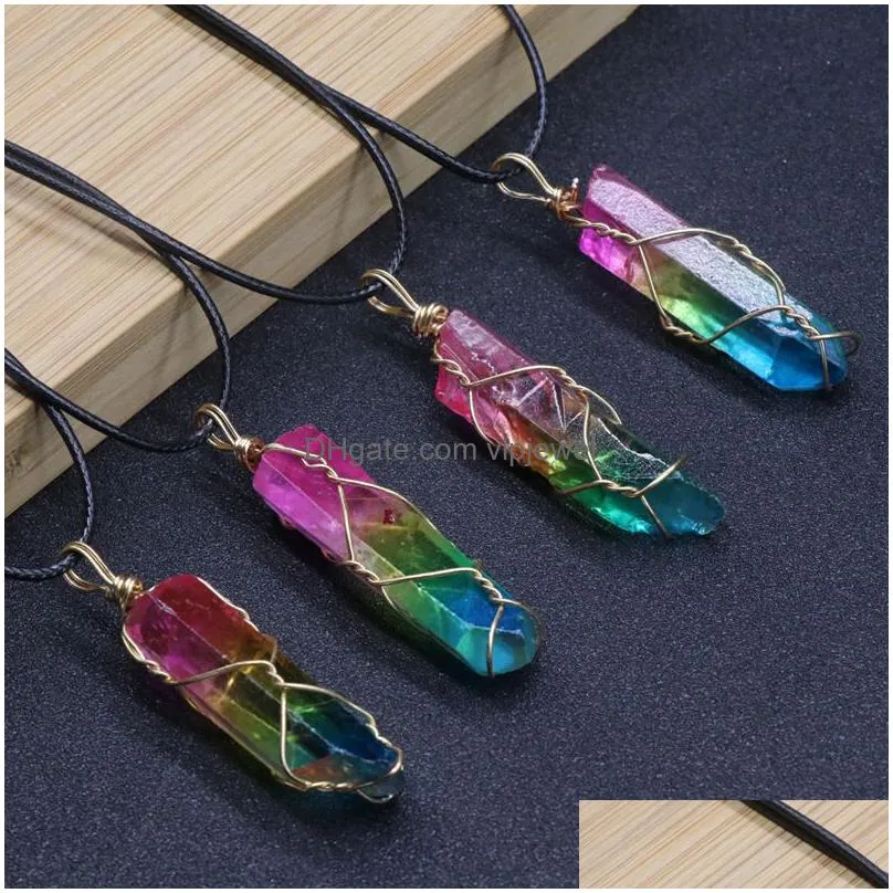 colorful crystal column necklace pendant gradient color quartz crystals wire wrap necklaces healing guardian jewelry for men men rope