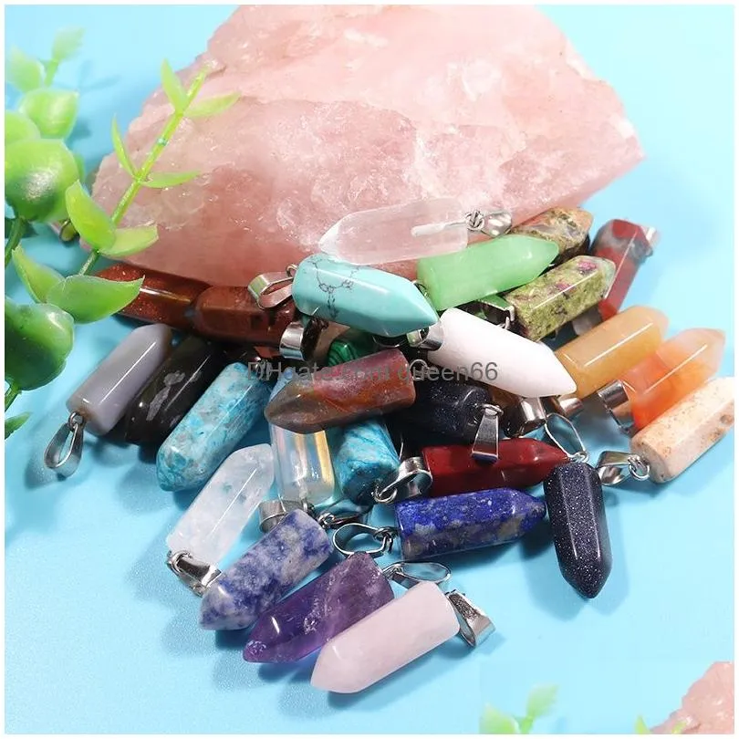 9x22mm charms assorted natural stone pendants point charms hexagonal pillar agate stones pendant for jewelry making