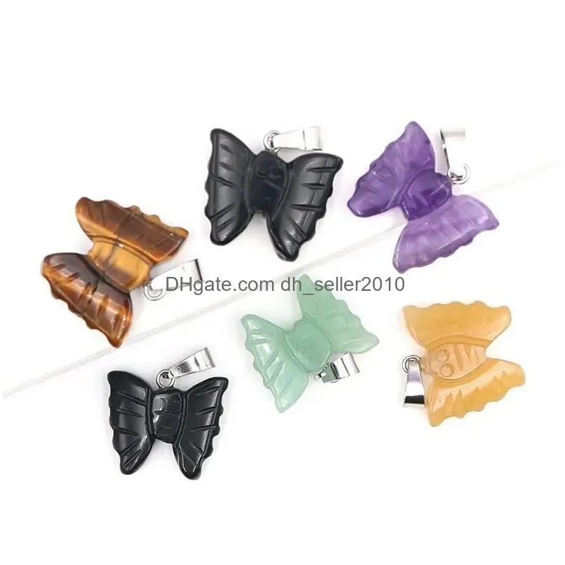 wholesale animal cute butterfly pendant natural healing stone animal crystal charms necklace for diy jewelry making