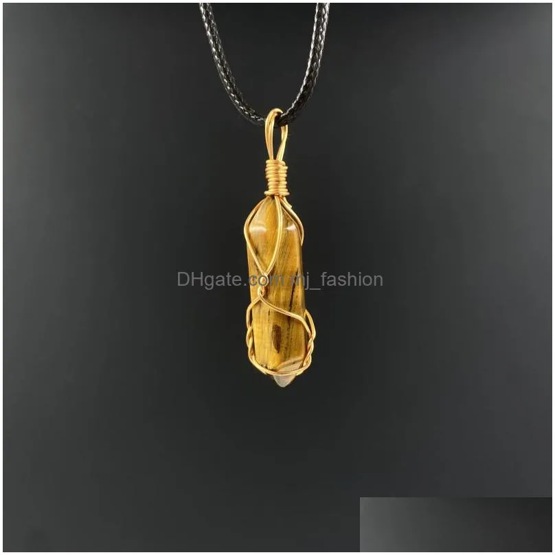 natural stone pendant gold wire wrap crystal necklace hexagon prism bullet amethyst rose quartz pendulum chakra healing jewelry