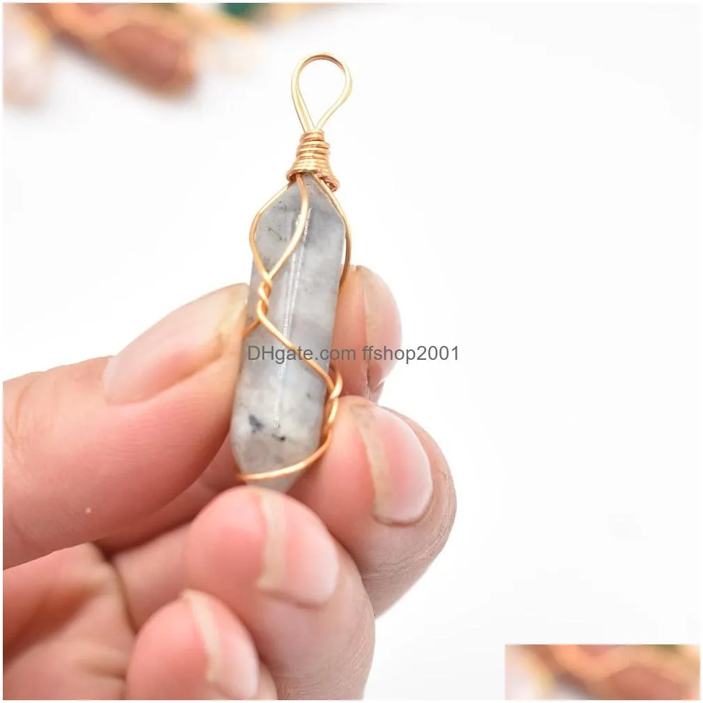 gold wire natural stone labradorite charms hexagonal healing reiki point pendants for jewelry making