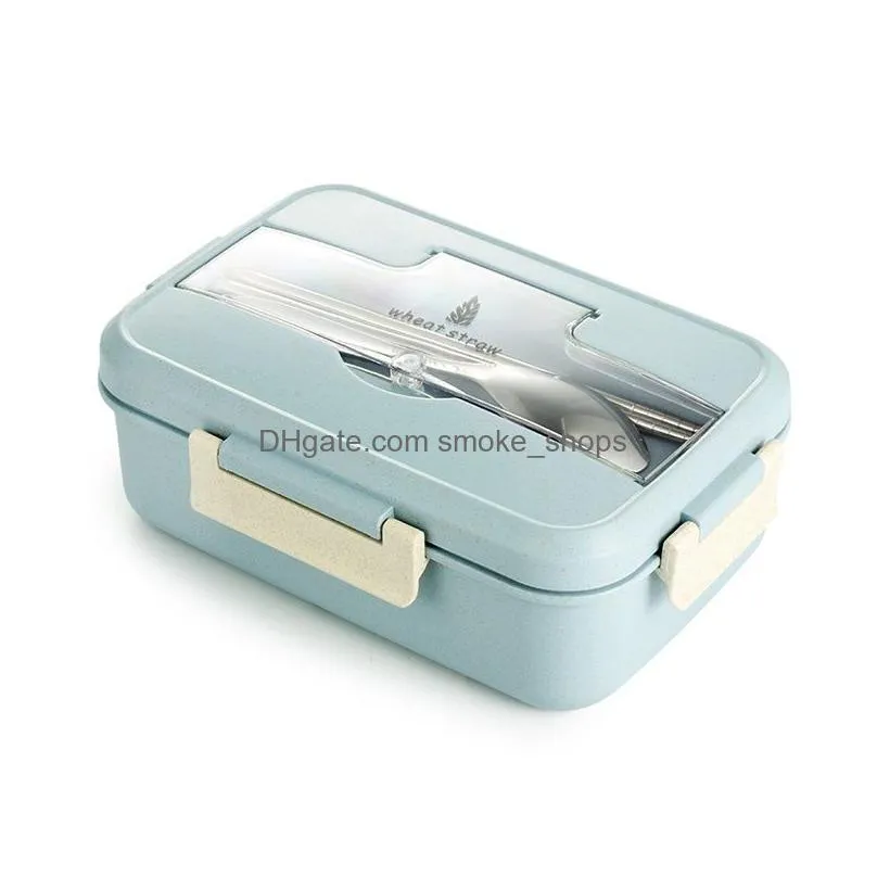 microwave safe bento box food container divided rectangle three grids wheat straw lunch box with stainless steel or pp tableware