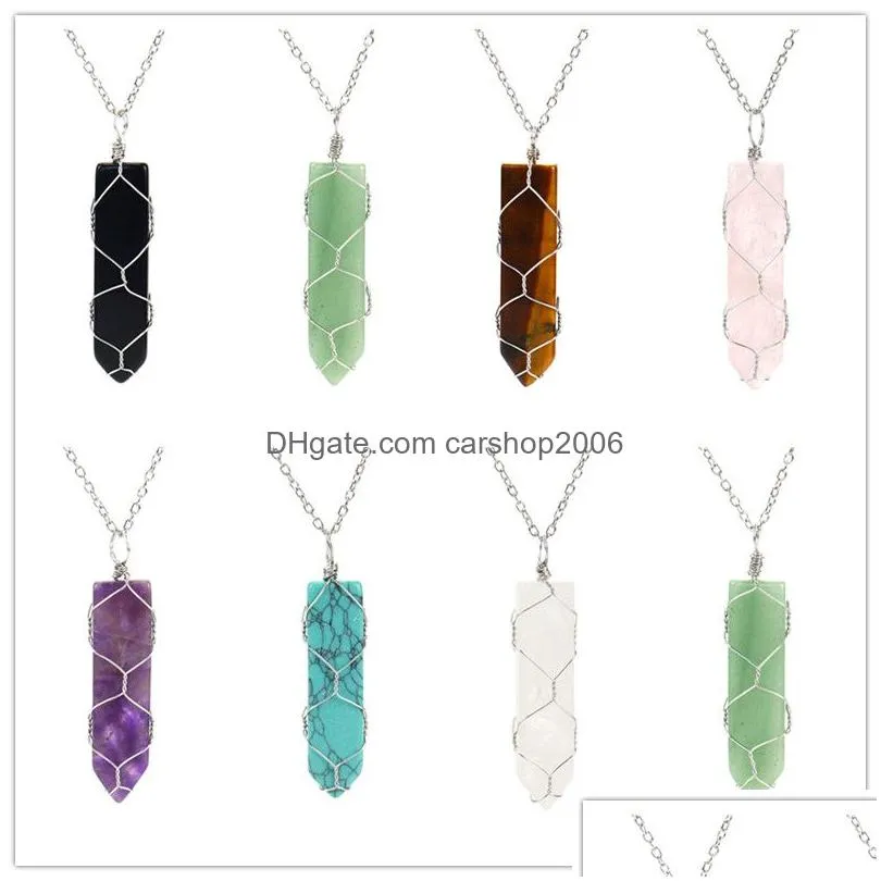 sword shape natural stone pendant wire wrapped silver metal net pocket sweater chain necklace healing reiki weave rope wholesale