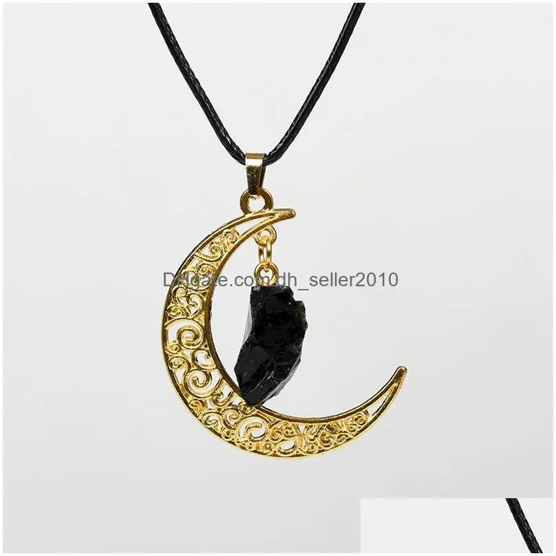 gold hollow moon irregular ore rough stone pendant tiger eye stone agates raw healing crystal quartz necklaces jewelry making