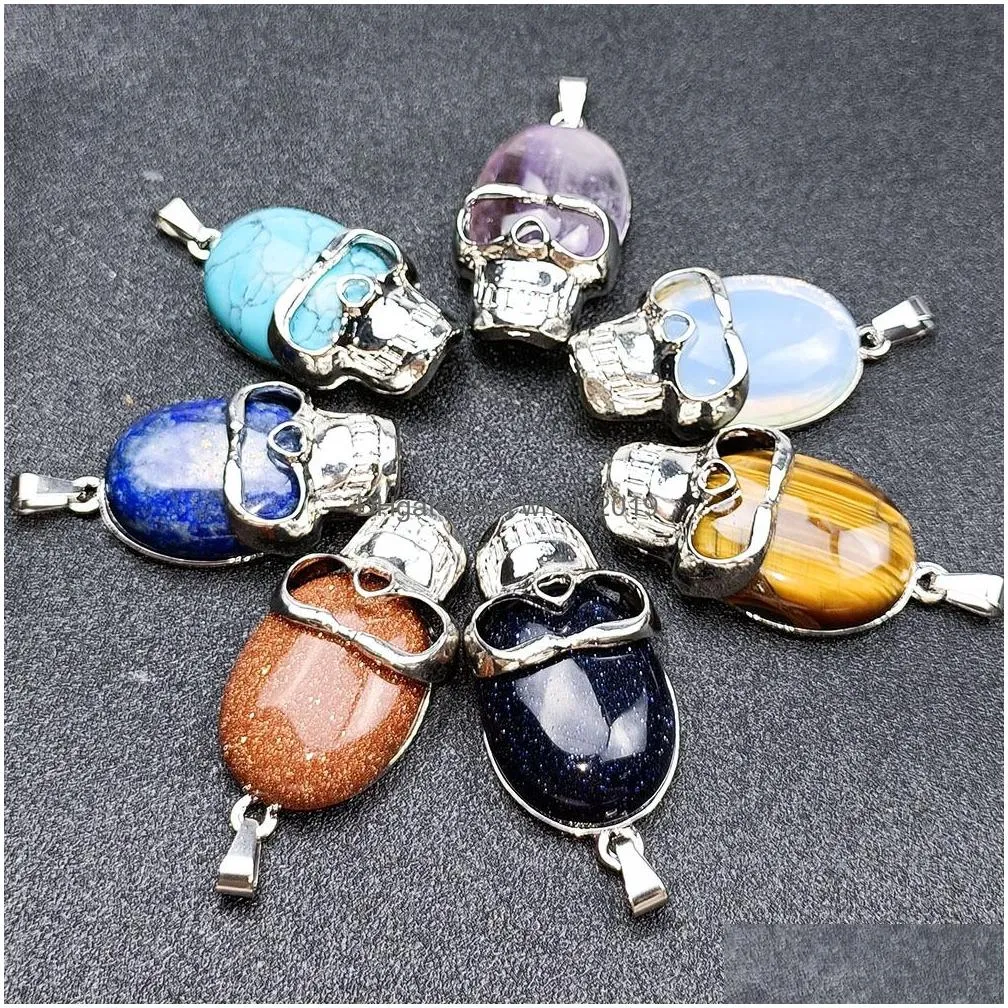 natural stone pendant crystal skull necklace amethyst blue white quartz chakra healing jewelry for women 22x42mm