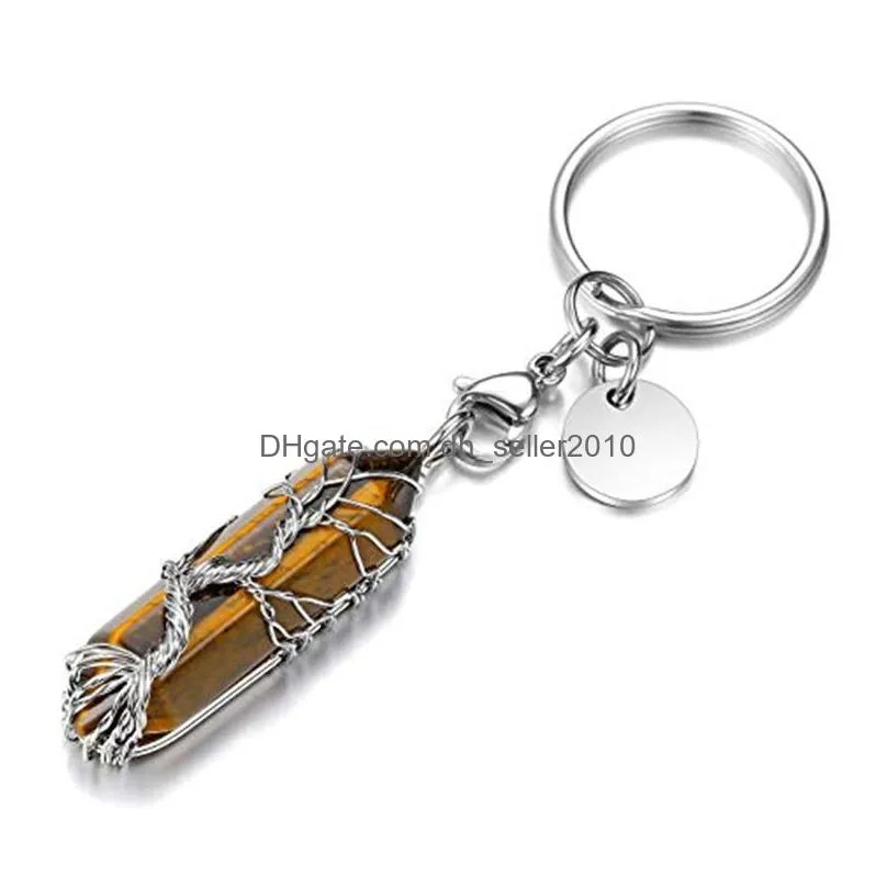 natural stone wrap tree of life hexagonal prism key rings keychains healing rose crystal car decor keyholder for women men 49x12x13mm