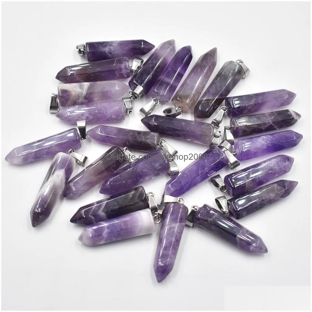 amethyst hexagonal pillar charms quartz crystal natural stone pendants for necklace earrings jewelry making 22mmx9mm