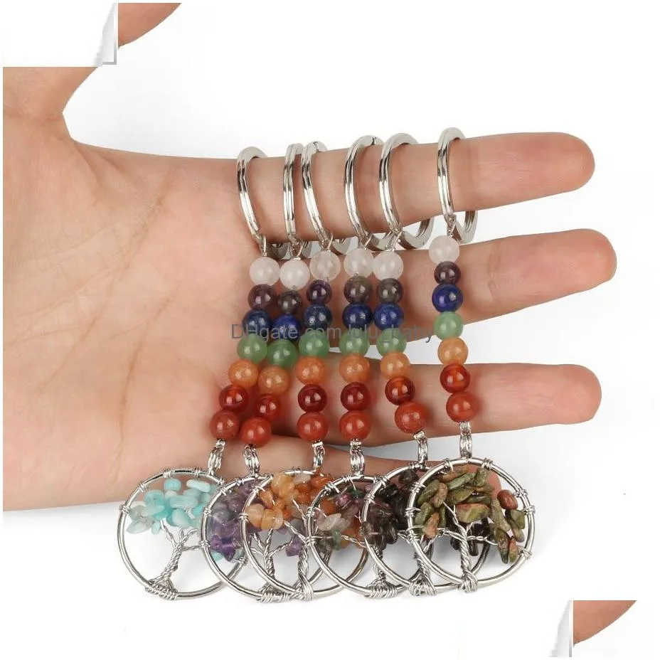 natural stone 7 chakra keychain energy yoga reiki tree of life pendant key holder for women accessories jewelry