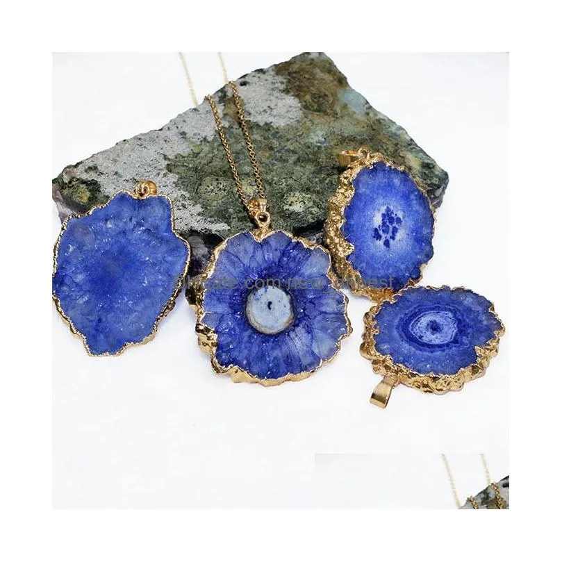 colorful crystal flower pendant raw stone sliced necklace gold plated pendants for women men