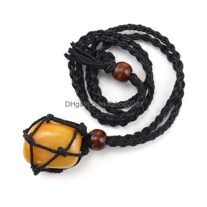 natural crystal stone pendant braided adjustable black net pocket sweater chain necklace healing reiki hangings craft weave rope