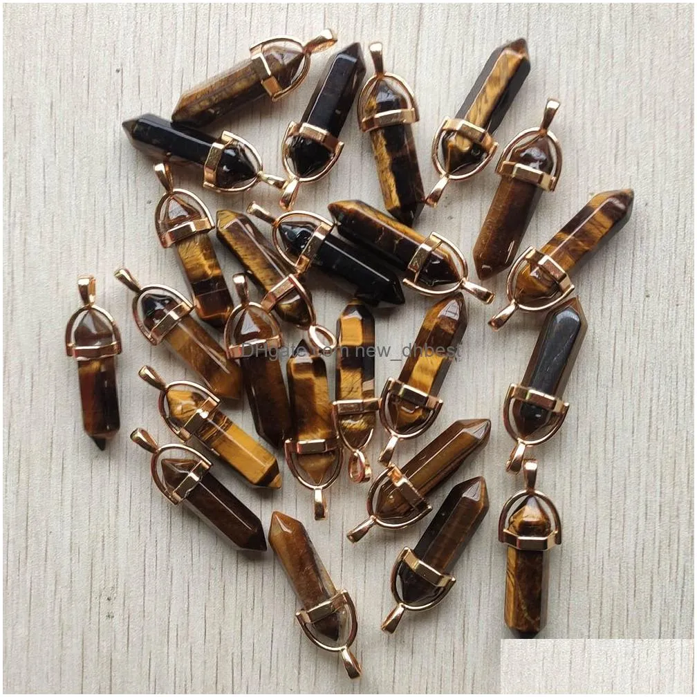 good quality natural tiger eye stone charms golden alloy pillar shape chakra pendant for jewelry making wholesale