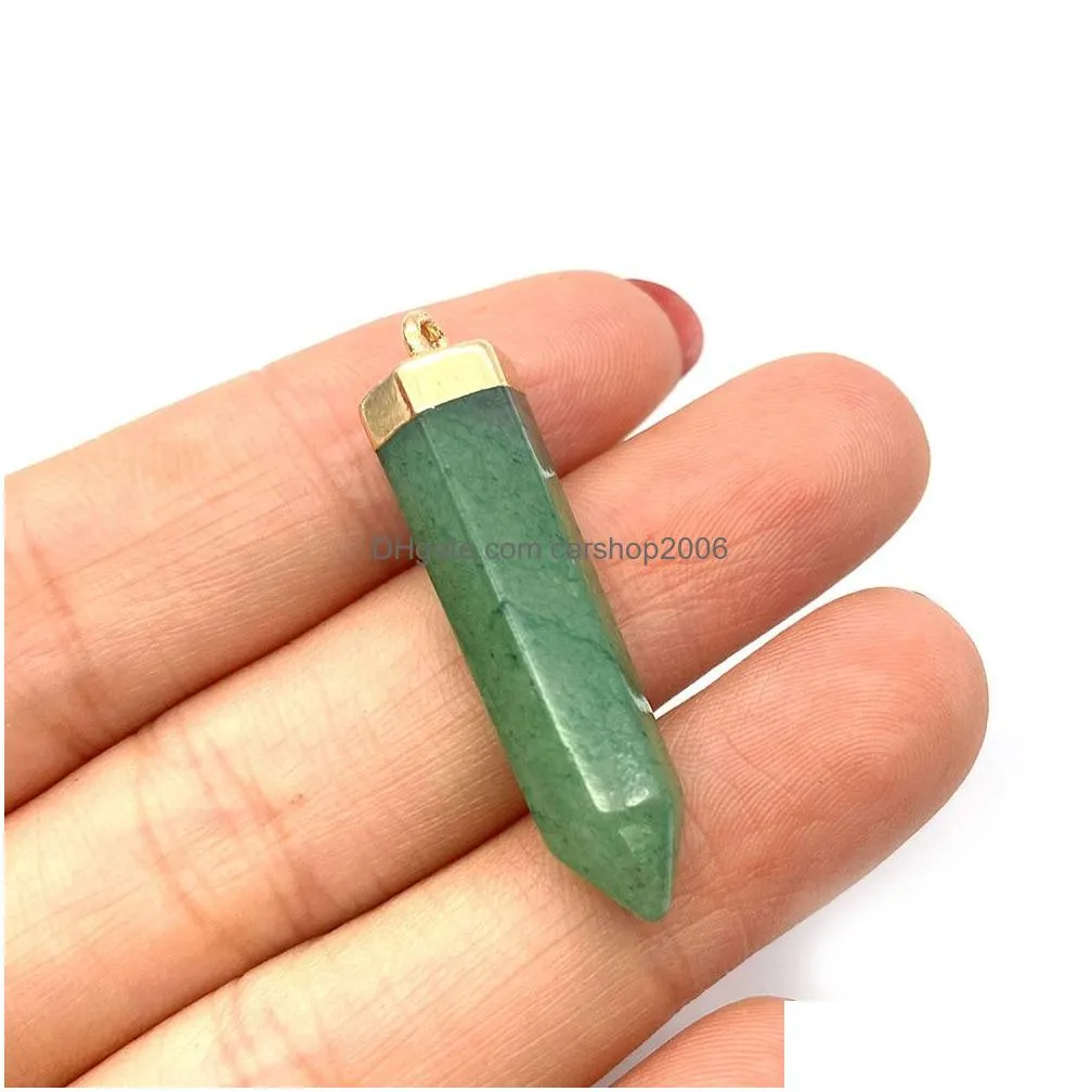 8x36mm natural crystal stone charms hexagon green rose quartz pendants gold edge trendy for necklace earrings jewelry making wholesale