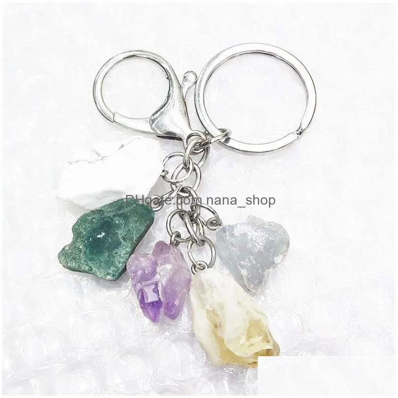 natural rough raw ore stone set key ring keychain fluorite crystal quartz women men car holder mineral keyrings jewelry