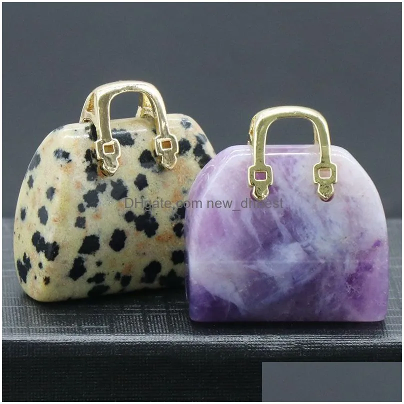 women bag shaped charms natural healing crystal amethyst rose quartz gemstone pocket palm stone pendant gift wholesale for jewelry