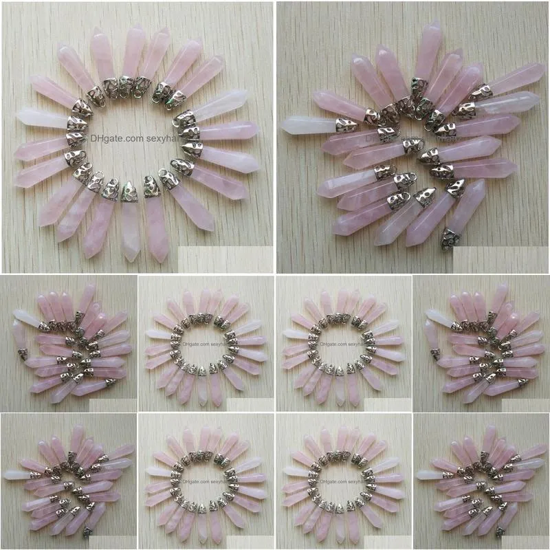 natural stone rose quartz pillar pendulum charms 10x32m point chakra pendants for jewelry making wholesale gold wire wrap handmade