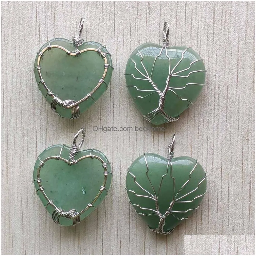 natural green aventurine stone charms tree of life silver wire wrapped love heart pendants for necklace jewelry marking wholesale