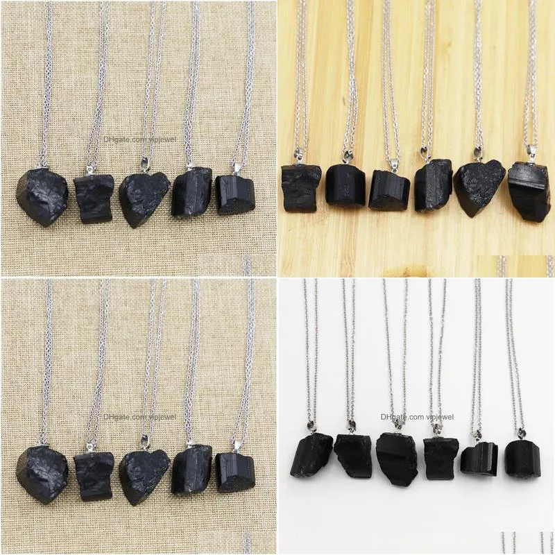 natural stone black tourmaline irregular pendant rough healing crystal repair raw ore cylinder necklaces men women jewellry