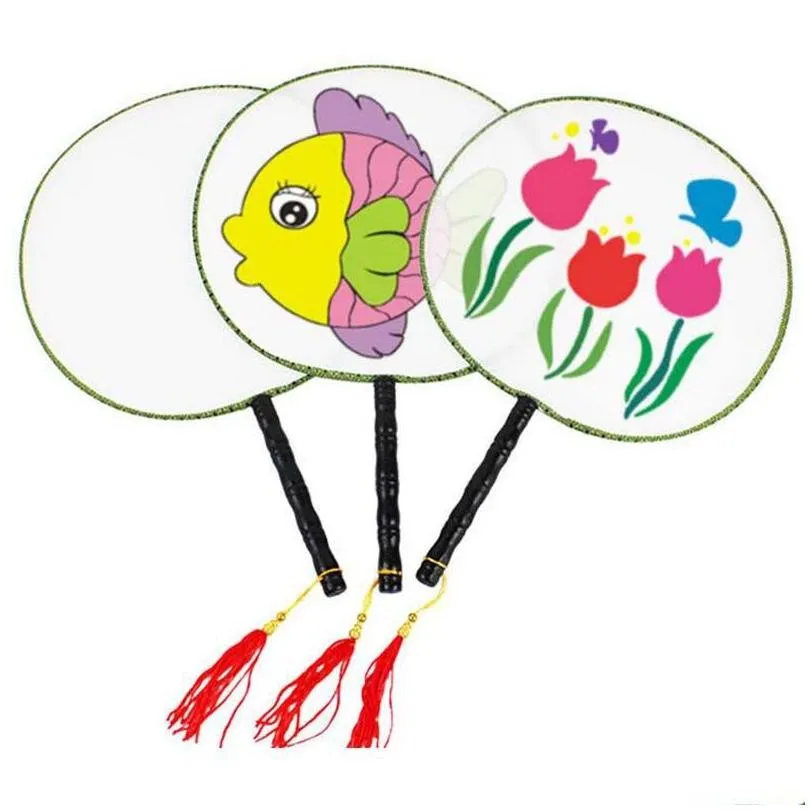 hand-painted blank round silk fan wooden handle tassel students children diy fine art painting fun chinese hand fans