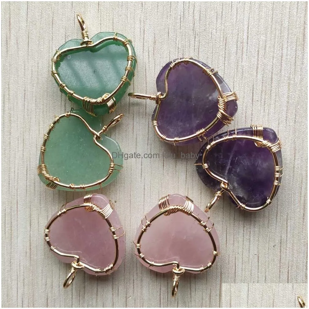 natural amethyst stone charms tree of life golden wire wrapped love heart healing pendants for jewelry marking wholesale