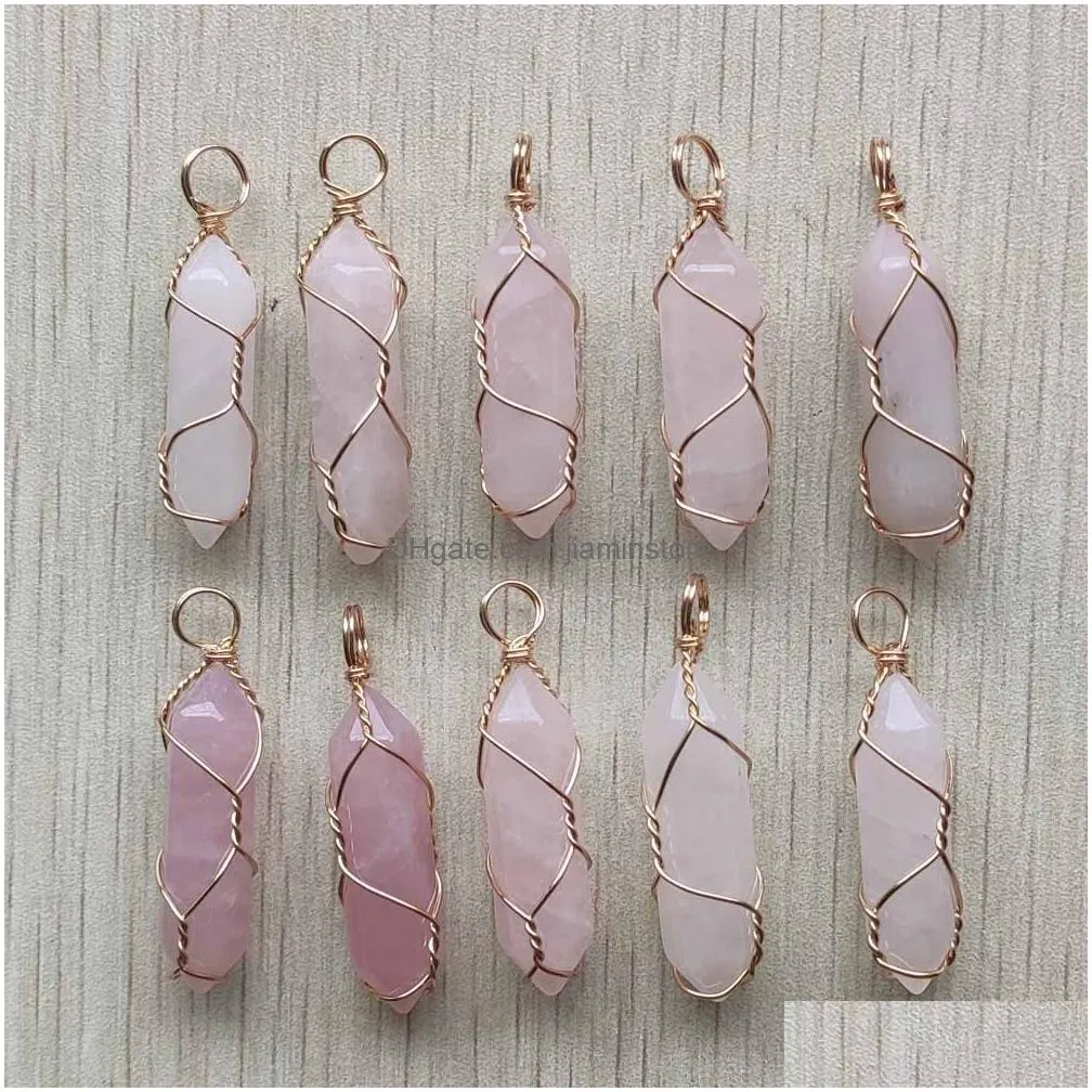 natural stone rose quartz bullet shape charms point chakra pendants for jewelry making wholesale gold wire wrap handmade craft