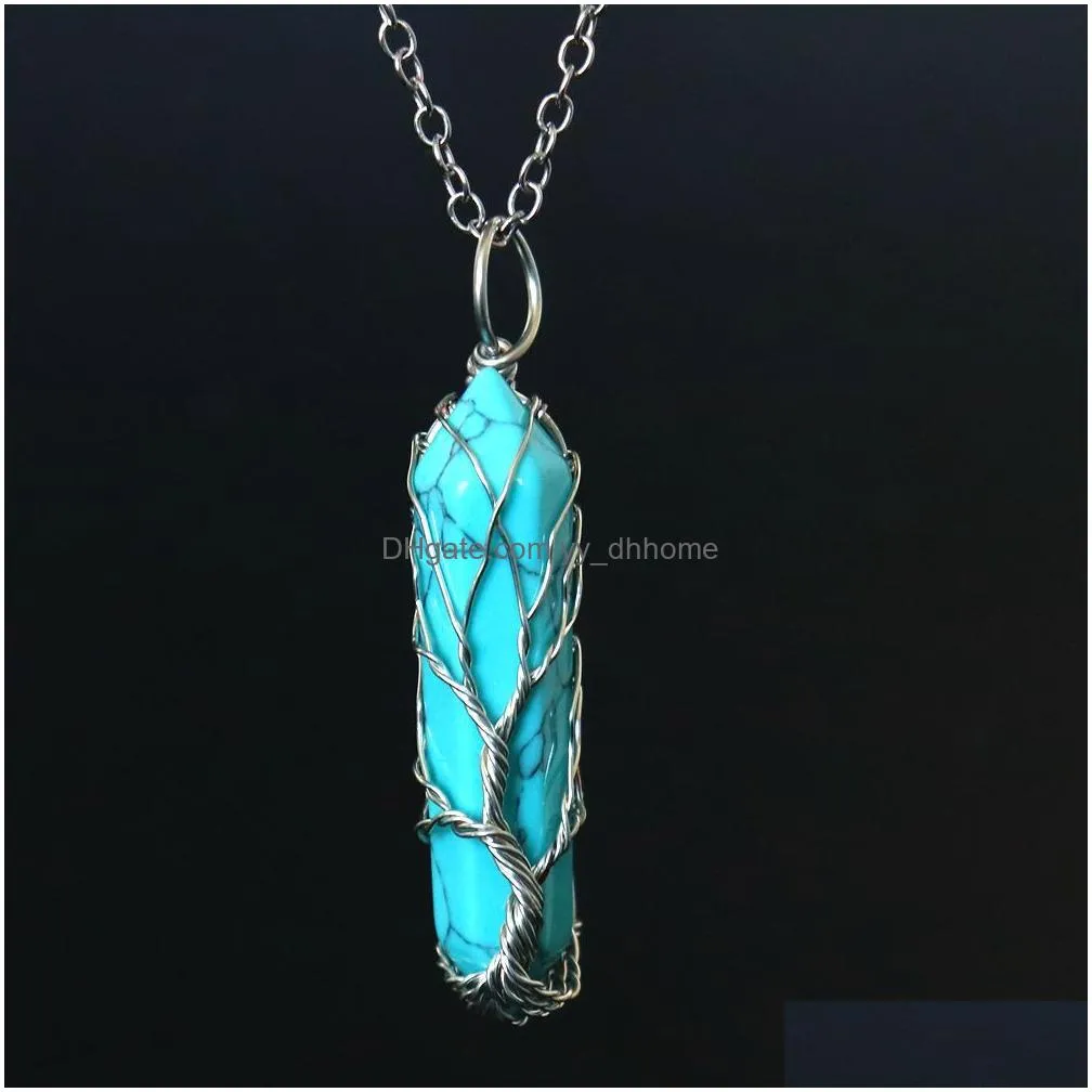healing crystal natural stone hexagon pillar charms necklaces twine tree of life wire wrap pendant turquoise amethyst tiger eye rose quartz wholesale jewelry