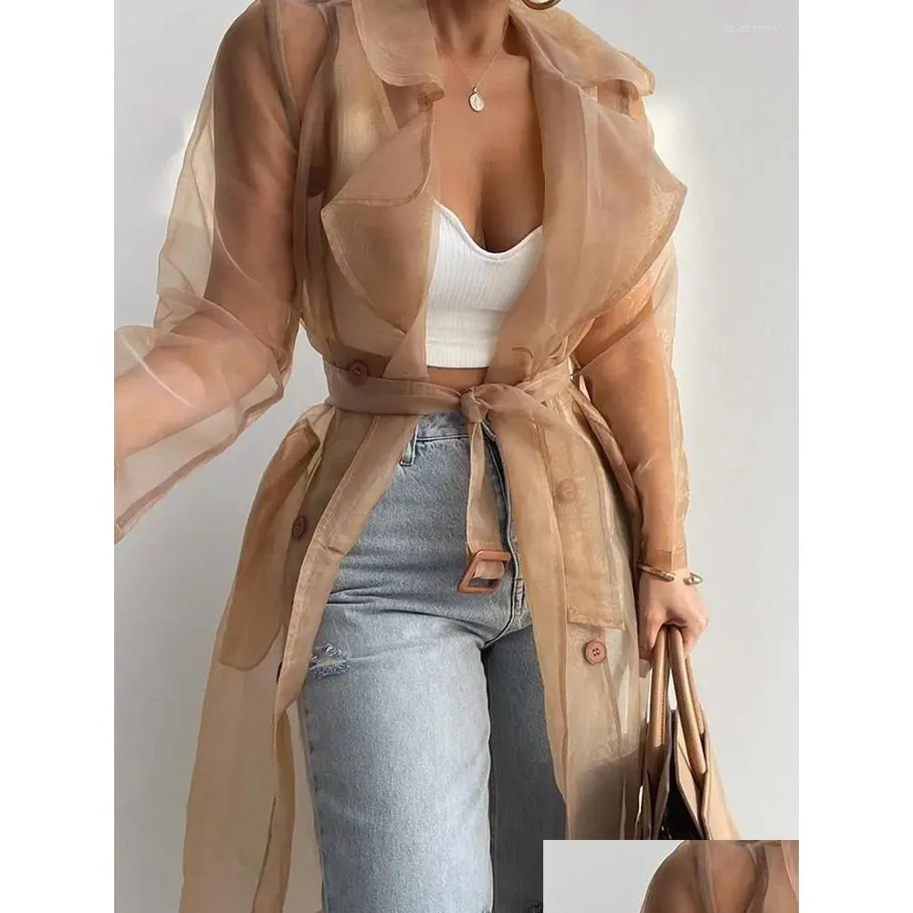 womens trench coats sheer mesh long sleeve buttoned coat with belt