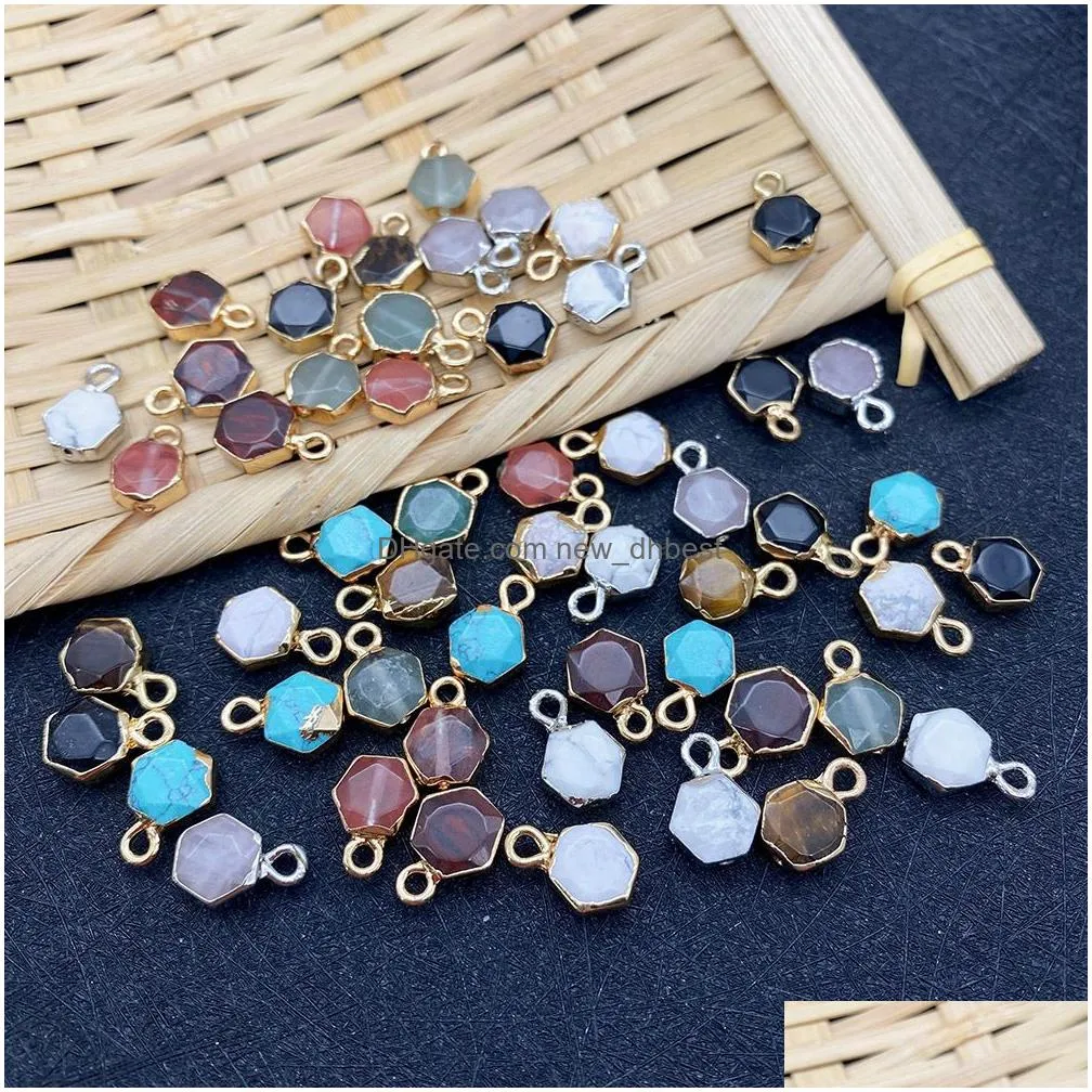 8x12mm gold edge natural crystal hexagon stone charms rose quartz turquoise pendants trendy for jewelry making wholesale