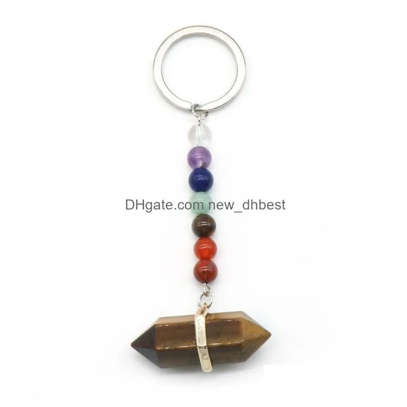 7 chakra beads charms natural stone pillar key rings keyring fashion healing reiki keyholder boho jewelry car keychain for women