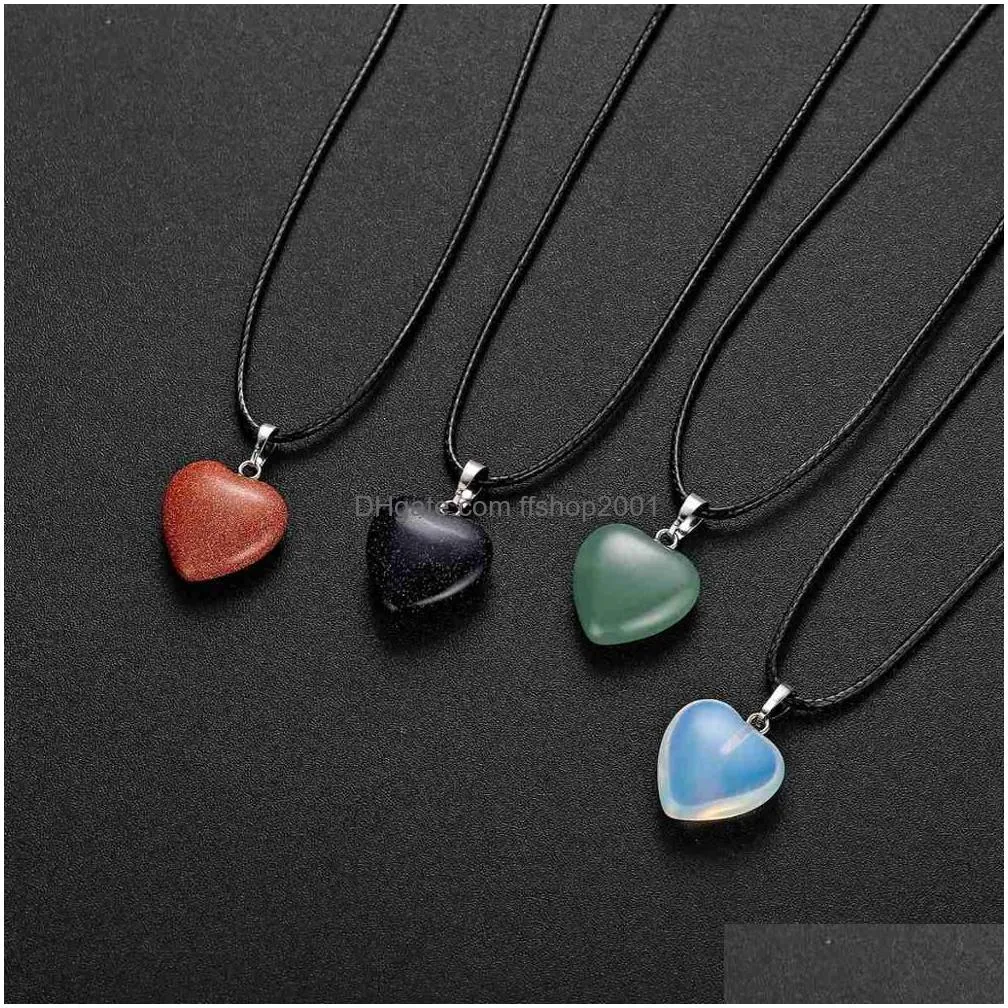 natural stone love heart pendant necklace 45cm black rope leather cord for women men friendship happy jewelry