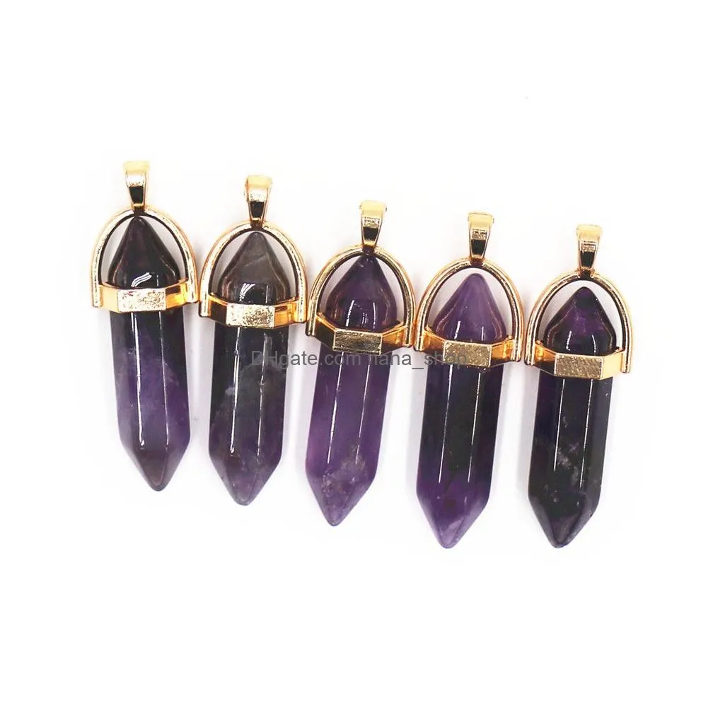 natural gems stone charms amethyst crystal pillar point gold pendants necklace charms for making women jewelry bulk