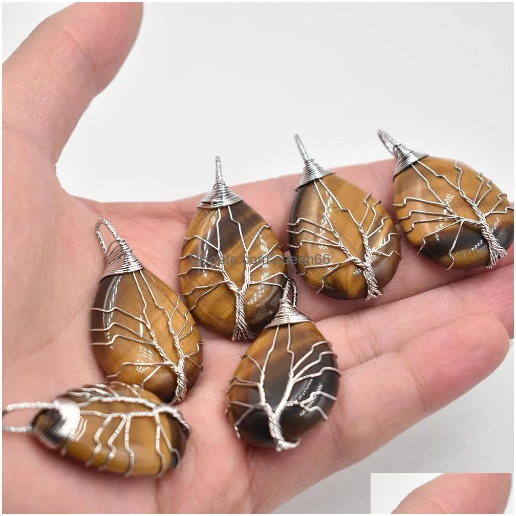 natural stone healing crystal tree of life charms pendants rose quartz wire wrapped trendy jewelry making wholesale