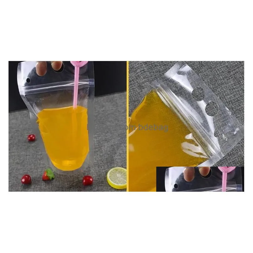 500ml transparent self-sealed plastic drink packaging bag for beverage juice milk coffee with handle and holes for straw